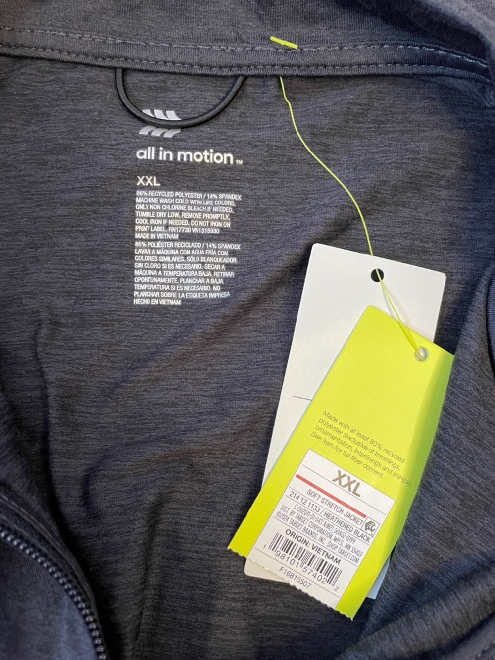 NWT all in motion Charcoal Black Zip-Front Performance Jacket. Size XXL. - Picture 3 of 4